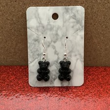 Handmade Black Gummy Bear Dangle Drop Earrings - Sterling Silver Wires
