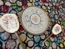 Rare Vintage Round Lace Petit Point Dressing Table/Vanity Tray Set