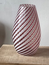 Murano Glass White Red Large Modern Vase MCM Vintage 1960s Stripe Swirl