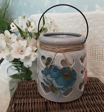 Grey Ceramic Candle Holder Lantern With Wooden Floral Heart Design. Gift, Decor,