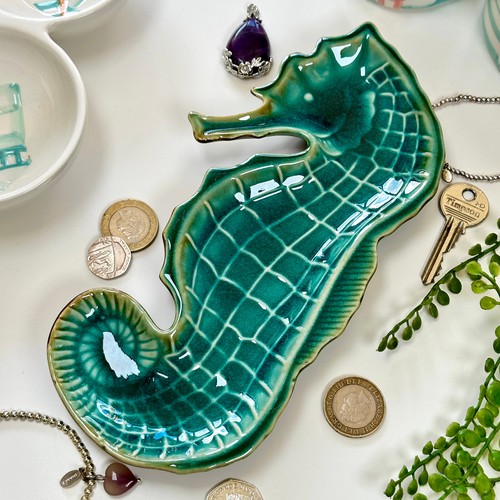 Teal seahorse plate ceramic - teal,