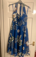 Hell Bunny Vixen Blue Hawaii Print Halterneck Dress - Size L