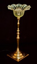 Large WAS Benson Arts and Crafts Brass Table Lamp with Powell Vaseline Shade