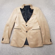 Zara Mens Jacket 38 Gold Velvet Tuxedo Smoking Blazer Satin Peak Lapel Dinner