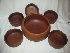 Teak Wood Salad Bowl Set - 1 X 24cm Large Bowl & 5 X 14.5cm Small Bowls VGC