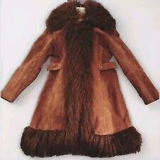 1960s 70s Hippie Bohemian Mongolian Fur Trim Tan Brown Suede Penny Lane Coat 14 