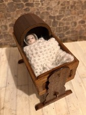 Dolls House 1/12 Scale Miniature Artisan Wooden Crib Cot Cradle & Baby Doll