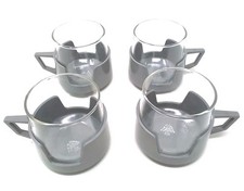 Pyrex-JAJ- Glass Drink Up Cups/Mugs x 4 I- Plastic Holders - Grey - Vintage 