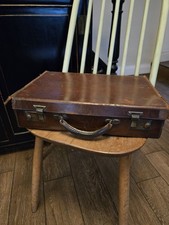 Suitcase Vintage Brown Leather Locks Work No Key Corners Need TLC Case Retro
