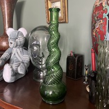 Vintage 1960s Empoli Green Glass Genie Bottle Snake Pattern MCM Decor H12.5"  