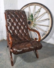 Vintage Chesterfield Slipper Chair In Brown Leather With Unusual Patchwork Back