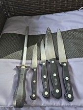 Vintage SABATIER By Rogers Knives, Sharpener & Wooden Block Set Pre Owned #A