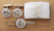 Vtg. SIAM Sterling Silver 925 Enamel - Belt Buckle, Cufflinks, Tie Clip - 37.4 g