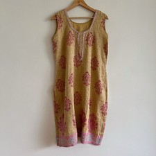 Long Cotton Slip Dress Tunic Style Embellished Yellow Pink Boho Print