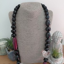 DEBENHAMS Long Chunky Necklace Red Black Acrylic Beads Clear Hearts Jewellery