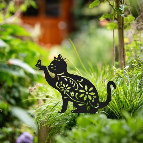 Metal cat garden stake - stake, black