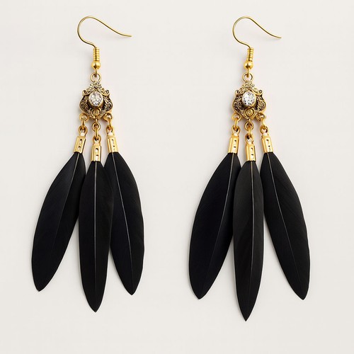 Black feather earrings with - black,