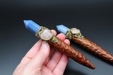 Clearance sale wand Blue aventurine crystals hand carved wooden wand.