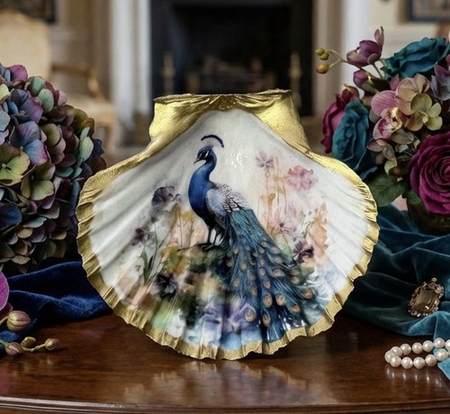 Peacock scallop shell trinket - peacock,