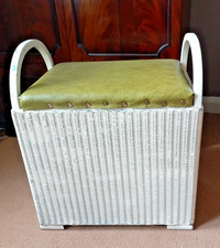 Lloyd Loom Laundry Basket Seat Storage Cream with Green Upholstery Vintage 1953