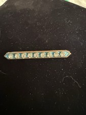 Antique Blue Enamel Bar Brooch Pin Rhinestone C Clasp Victorian History Estate