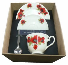  Poppy trio set. cup & saucer with teaspoon and matching tea plate gift boxed