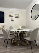 Marble and Gold Round Dining Table with 4 Chairs Beige Black and Gold Set. Used