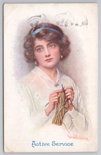 WWI Patriotic Harold Copping Postcard Active Service Knitting Home Front c1915