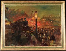 1900 LARGE SIGNED FRENCH OIL ON CANVAS - BASTILLE DAY EVENING FIGURES STREET