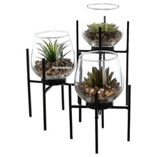 Glass Planters With Succulents Artificial Potted Metal Stand Table Top SET OF 3
