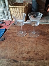 Pair Of Vintage and Etched cordial Glasses 12cm Tall, Etched With Grape Vines