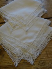2 Vintage Antique Fine Net Lace Edged Ladies Hankies Handkerchief Wedding Bridal