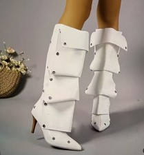 Women’s White Pointed-Toe Stiletto Heel Knee Boots with Zipper Back Fashion Boot