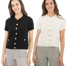 Womens M&S Gold Button Cardigan Short Sleeve Classic Black Ivory Pockets