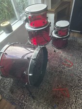 Spaun Custom Drums Acrylic 5 Pc Drum Set, 10 12 14 16 22 Red With Black Hardware