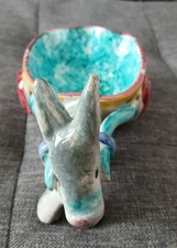 Vintage Signed Hand Painted Glazed Donkey With Cart Planter.