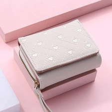 Women’s Tri-Fold Wallet – PU Leather Card Holder with Love Embroidery, Fashion