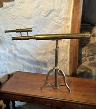 Antique 19th c Brass Floor Standing Library Telescope Dual Scope