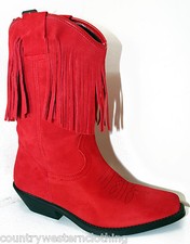 Ladies Cowboy Boots Red Suede Tassels - Western Cowgirl Line Dancing Fancy Dress