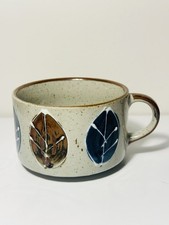 Vintage Stoneware Soup Mug Handpainted Leaves Speckled Japanese Otagiri Style