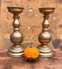ANTIQUE PAIR HEAVY BRASS ALTAR CANDLESTICKS BALUSTER & KNOP STEM OVER STEP BASE