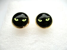 BLACK CATS EYES WICCA WITCH CABOCHON GLASS STUD EARRINGS 12MM. GOLD