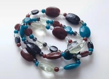 Multicoloured Glass Bead Necklace Vintage Style Layering Retro Blue Clear Brown