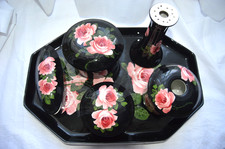 VICTORIAN ANTIQUE CERAMIC DRESSING TABLE SET HAND PAINTED BRISTOL WARE ROSES