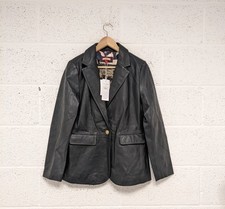 Joe Browns Leather Jacket Black Blazer Collared Button Up Dark Navy - UK 14
