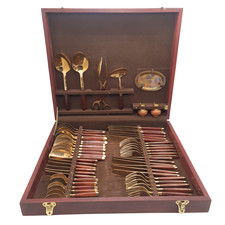 Vintage Thai Bronze Cutlery Set 56pc with Wooden Box & Handles Flatware Canteen