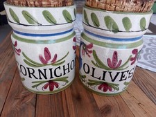 2 Vintage Rustic French Country Pickle Jars - Olives, Hens, Hand Painted Ceramic