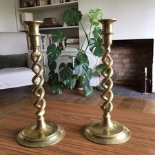 LARGE HEAVY TALL Pair Antique Brass Barley Twist/Spiral Candlesticks~12.25” Tall