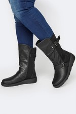 Yours Clothing Faux Leather Wedge Buckle Boots In Wide & Extra Wide Fit
