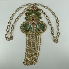 Vintage Crown Trifari Necklace 1960s Plique a Jour Peacock Gold Tone stain glass